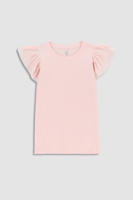 Блузка з короткими рукавами рожева однотонна з фатиновими рукавами