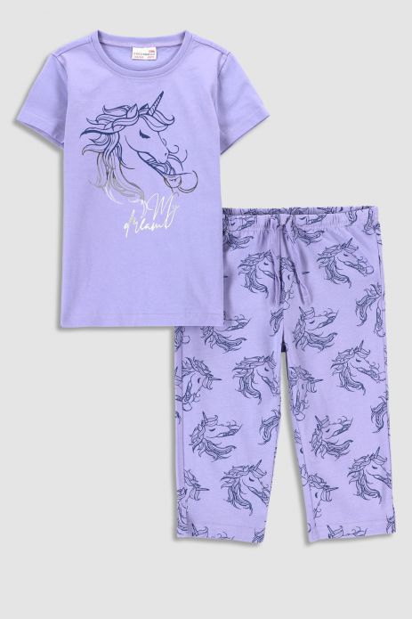 Піжама для дівчинки фіолетова  бавовняна з коротким рукавом 2