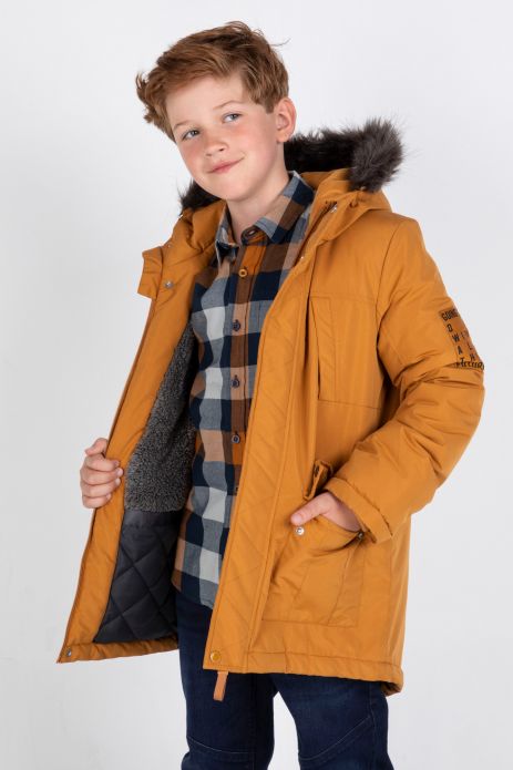 Куртка зимова медового кольору з капюшоном обшитим хутром